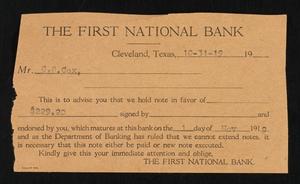 Primary view of object titled '[Letter from First National Bank of Cleveland, Texas to C. C. Cox, October 31, 1919]'.