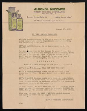 Primary view of object titled '[Mifflin Alkohol Massage Letter and Pamphlet]'.