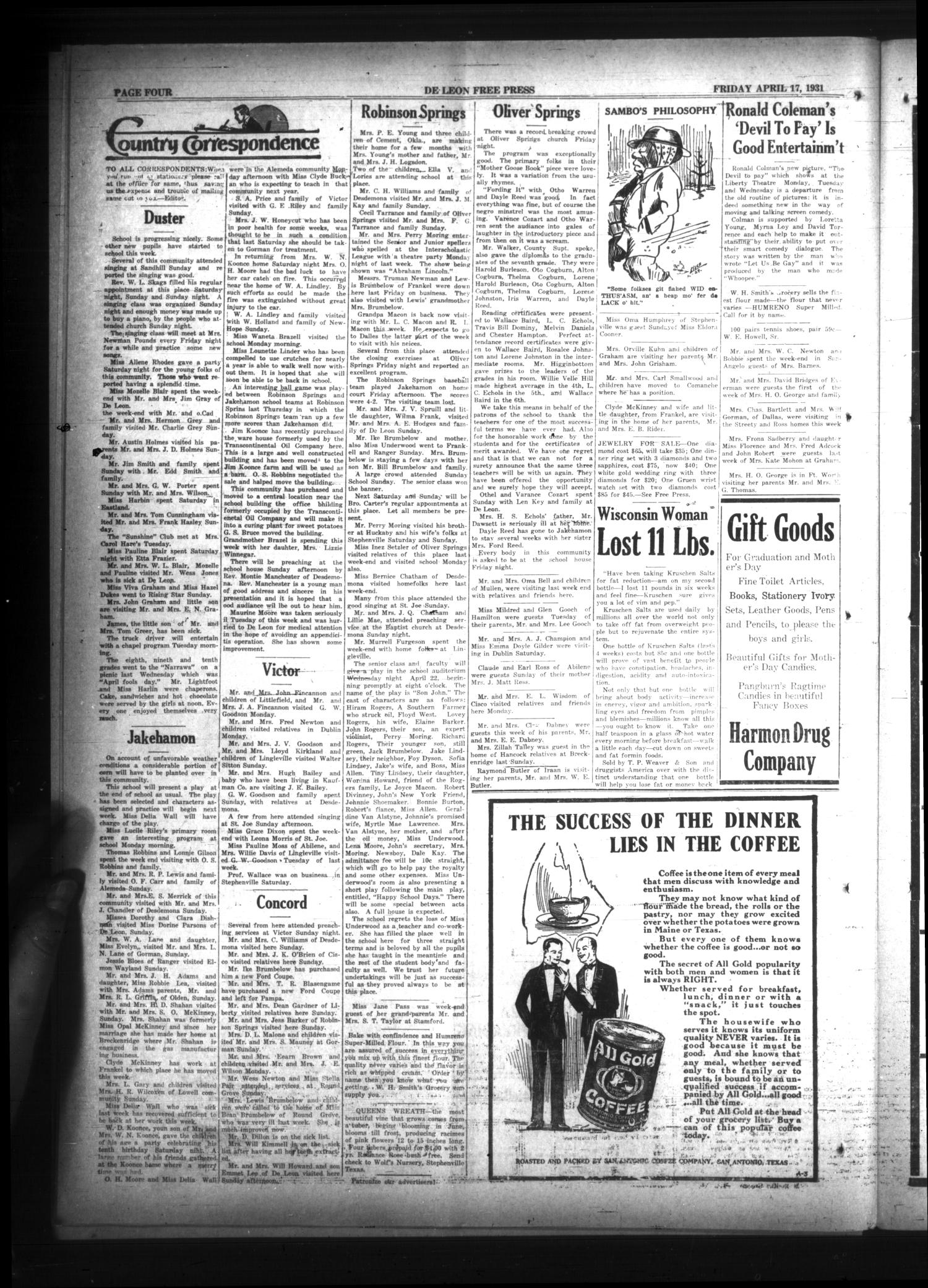 The DeLeon Free Press. (De Leon, Tex.), Vol. 41, No. 42, Ed. 1 Friday, April 17, 1931
                                                
                                                    [Sequence #]: 4 of 8
                                                