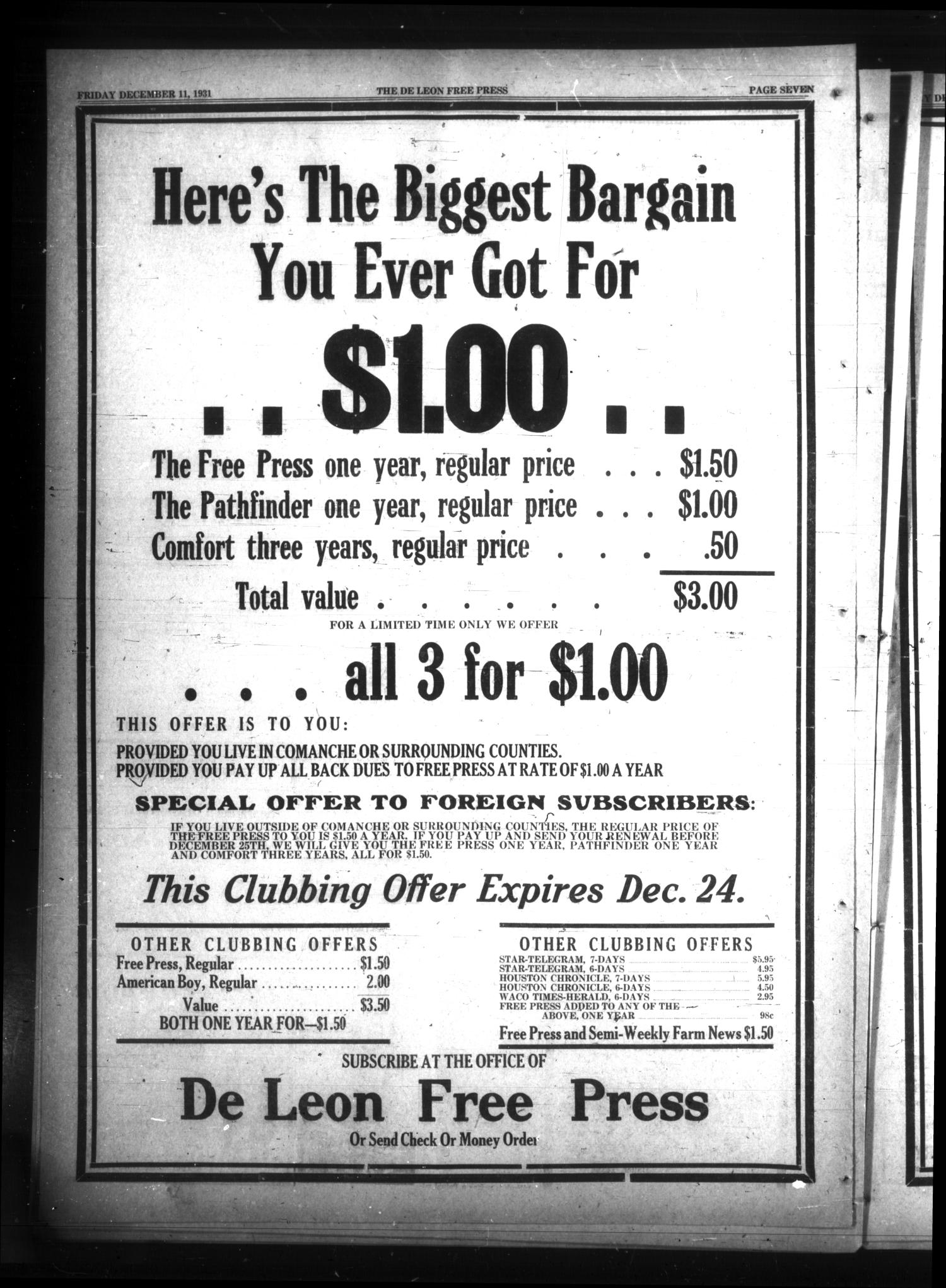 The DeLeon Free Press. (De Leon, Tex.), Vol. 42, No. 24, Ed. 1 Friday, December 11, 1931
                                                
                                                    [Sequence #]: 7 of 8
                                                
