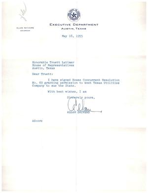 [Letter from Allan Shivers to Truett Latimer, May 18, 1955]