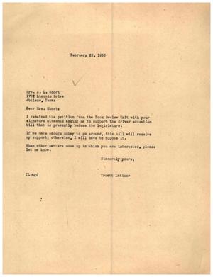 [Letter from Truett Latimer to Mrs. A. L. Short, February 22, 1955]