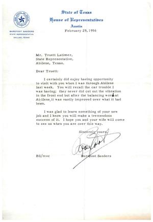 [Letter from Barefoot Sanders to Truett Latimer, February 29, 1956]