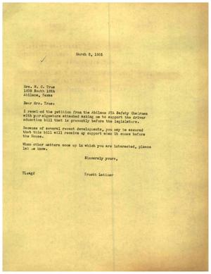 [Letter from Truett Latimer to Mrs. W. C. True, March 8, 1955]