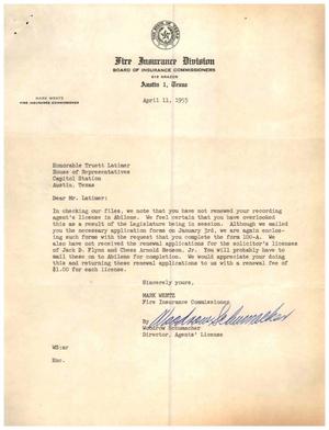 [Letter from Mark Wentz and Woodrow Schumacher to Truett Latimer, April 11, 1955]