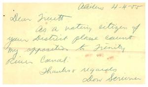 Primary view of object titled '[Postcard from Don Scrivner to Truett Latimer, April 4, 1955]'.