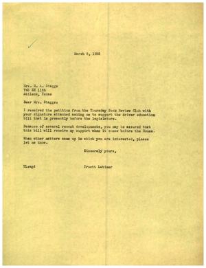 [Letter from Truett Latimer to Mrs. M. A. Staggs, March 8, 1955]