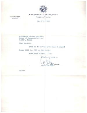 [Letter from Allan Shivers to Truett Latimer, May 23, 1955]