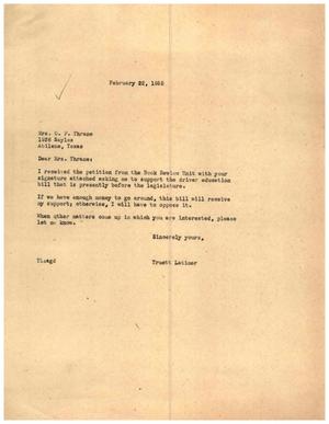[Letter from Truett Latimer to Mrs. O. P. Thrane, February 22, 1955]
