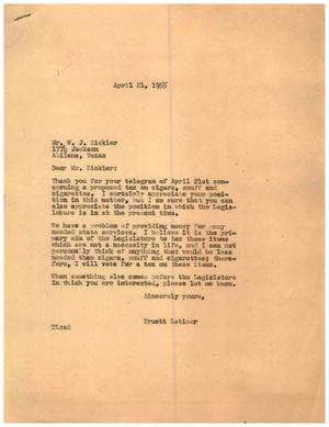 [Letter from Truett Latimer to W. J. Zickler, April 21, 1955]