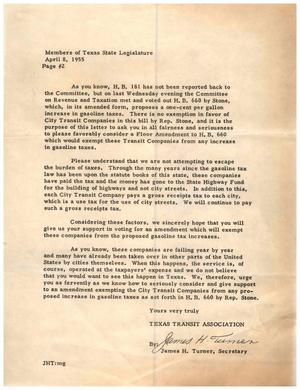 [Letter from James H. Turner to the Members of Texas State Legislature, April 8, 1955]