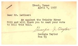 [Letter from Georgia Taylor to Truett Latimer, April 4, 1955]