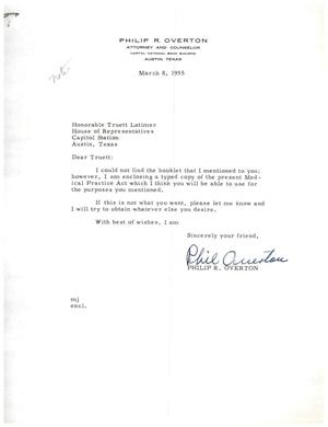 [Letter from Philip R. Overton to Truett Latimer, March 8, 1955]