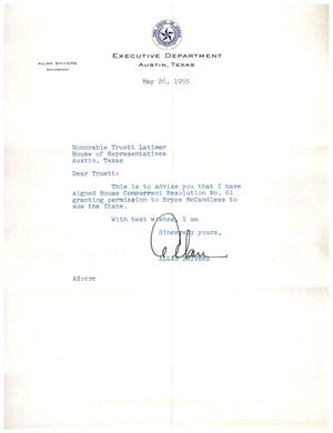 [Letter from Allan Shivers to Truett Latimer, May 26, 1955]