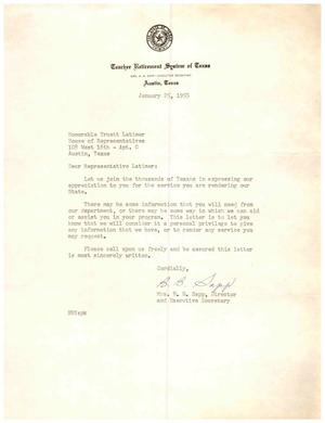 [Letter from Mrs. B. B. Sapp to Truett Latimer, January 25, 1955]
