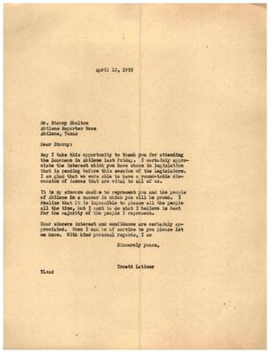 [Letter from Truett Latimer to Stormy Shelton, April 12, 1955]
