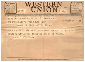 Primary view of object titled '[Telegram from Dr. B. C. Roberson, April 27, 1955]'.