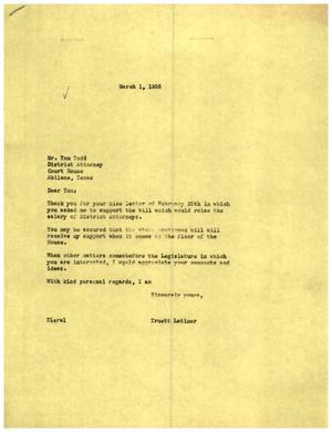 [Letter from Truett Latimer to Tom Todd, March 1, 1955]