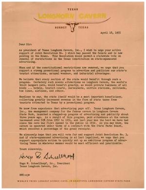 Primary view of object titled '[Letter from Hugo W. Schoellkopf, Sr., April 18, 1955]'.