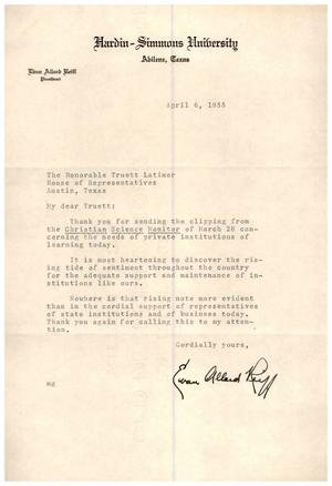[Letter from Evan Allard Reiff to Truett Latimer, April 6, 1955]