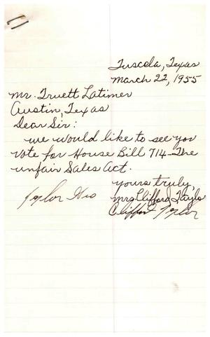 [Letter from Mr. and Mrs. Clifford Taylor to Truett Latimer, March 22, 1955]