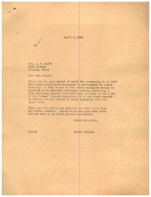 Primary view of object titled '[Letter from Truett Latimer to Mrs. H. R. Swift, April 7, 1955]'.