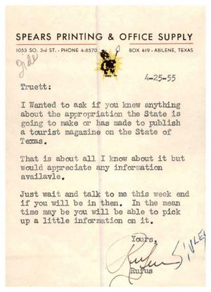 [Letter to Truett Latimer Asking About a State Appropriation, April 25, 1955]
