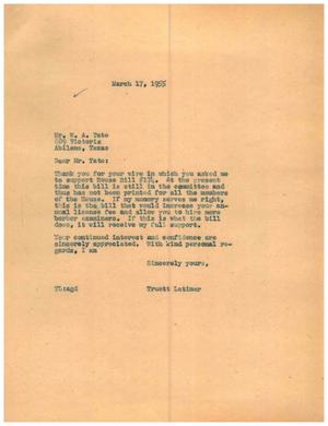 Primary view of object titled '[Letter from Truett Latimer to W. A. Tate, March 17, 1955]'.
