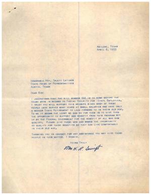[Letter from Mrs. H. R. Swift to Truett Latimer, April 6, 1955]
