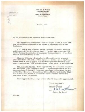 [Letter from Robert C. Sneed to Members of the House of Representatives, May 7, 1955]