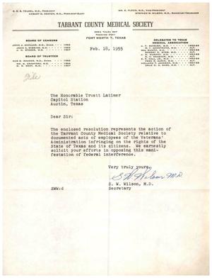 [Letter from S. W. Wilson to Truett Latimer, February 18, 1955]