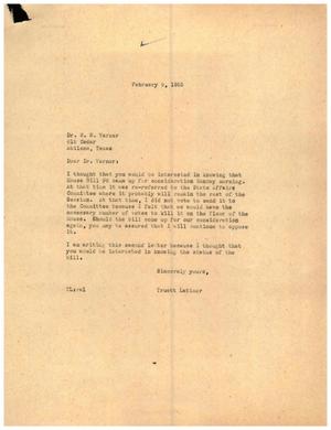 [Letter from Truett Latimer to R. W. Varner, February 9, 1955]