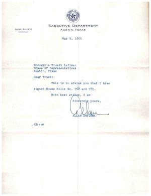 Primary view of object titled '[Letter from Allan Shivers to Truett Latimer, May 9, 1955]'.