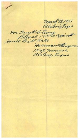[Letter from Harman L. Thompson to Truett Latimer, March 22, 1955]