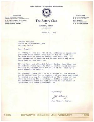 [Letter from Jay Storey to Truett Latimer, March 8, 1955]