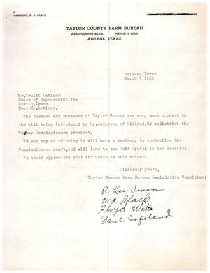 [Letter from Taylor County Farm Bureau Legislative Committee to Truett Latimer, March 7, 1955]