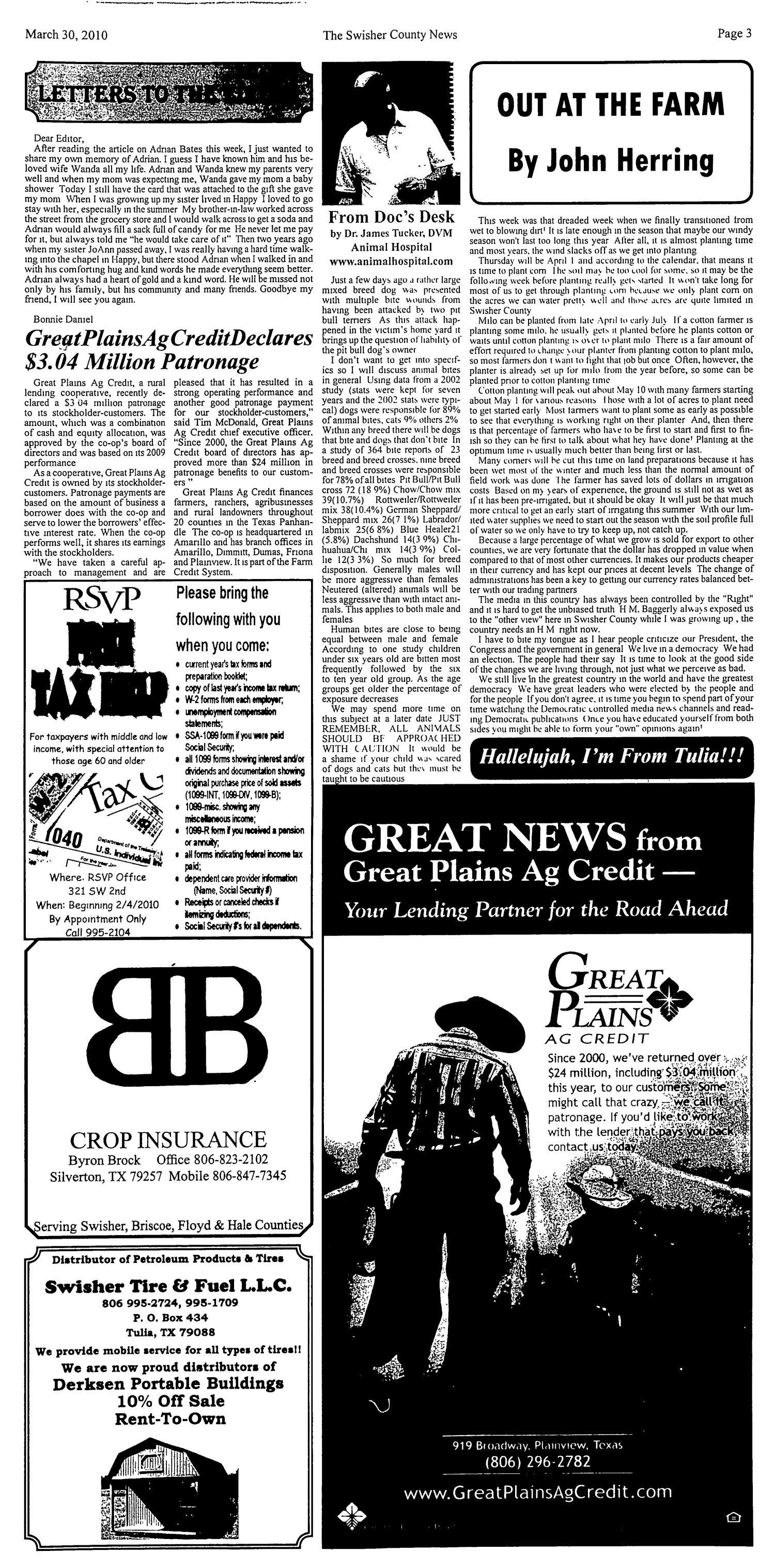 The Swisher County News (Tulia, Tex.), Vol. 2, No. 11, Ed. 1 Tuesday, March 30, 2010
                                                
                                                    [Sequence #]: 3 of 12
                                                