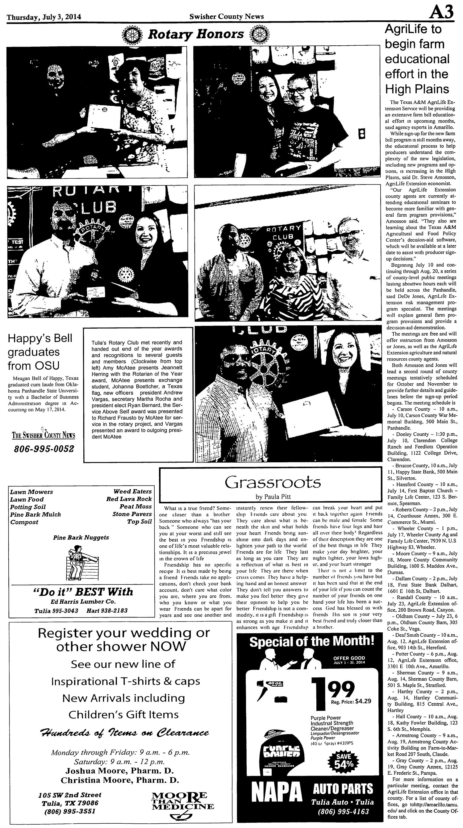 The Swisher County News (Tulia, Tex.), Vol. 6, No. 27, Ed. 1 Thursday, July 3, 2014
                                                
                                                    [Sequence #]: 3 of 8
                                                