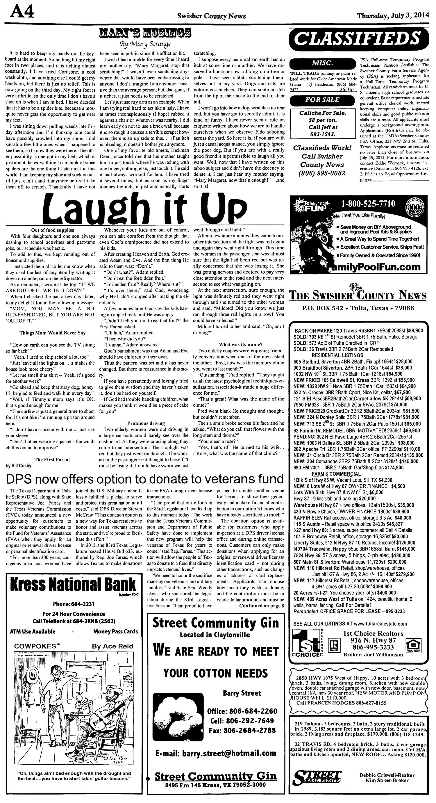 The Swisher County News (Tulia, Tex.), Vol. 6, No. 27, Ed. 1 Thursday, July 3, 2014
                                                
                                                    [Sequence #]: 4 of 8
                                                
