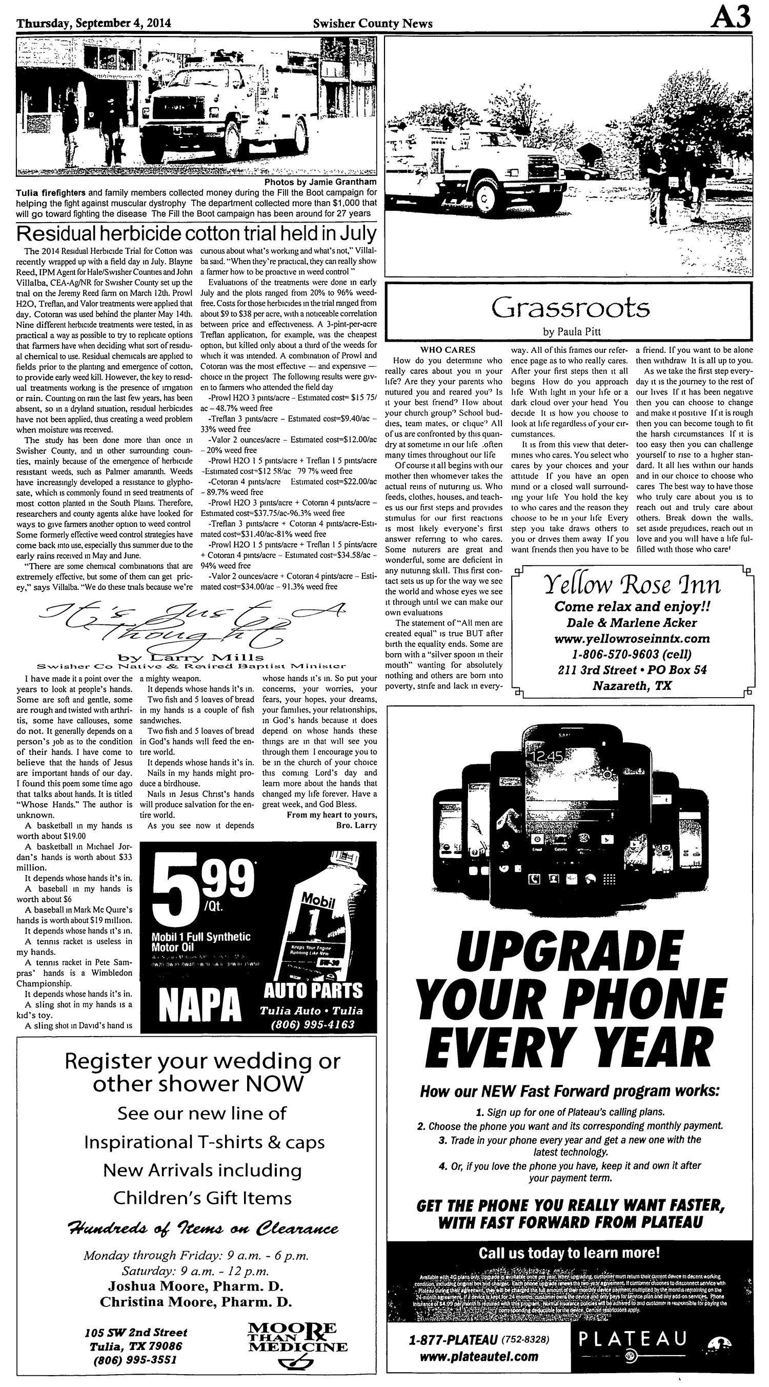 The Swisher County News (Tulia, Tex.), Vol. 6, No. 35, Ed. 1 Thursday, September 4, 2014
                                                
                                                    [Sequence #]: 3 of 10
                                                