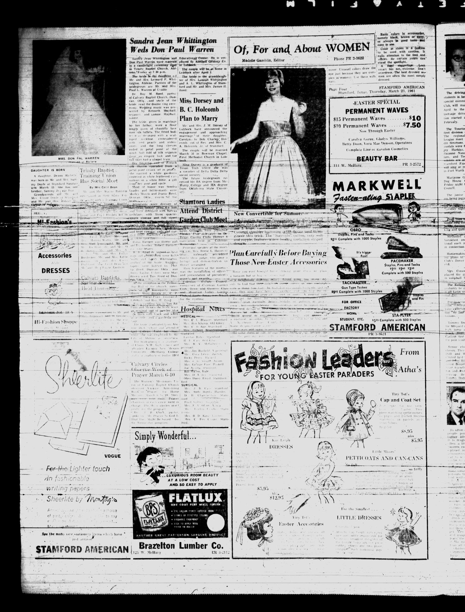 Stamford American and The Stamford Leader (Stamford, Tex.), Vol. 38, No. 4, Ed. 1 Thursday, March 23, 1961
                                                
                                                    [Sequence #]: 4 of 14
                                                