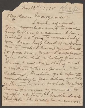 [Letter from Mattie Brackenridge to Marguerite Cavett, November 13, 1918]