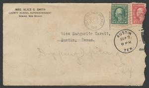 Primary view of object titled '[Envelope from Mrs. Alice G. Smith to Marguerite Cavett, September 7, 1918]'.