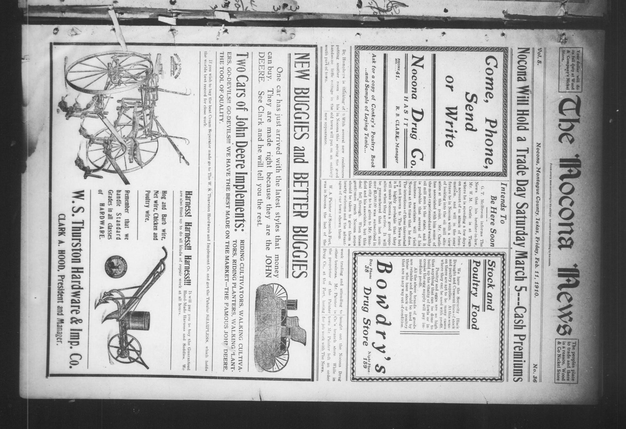The Nocona News (Nocona, Tex.), Vol. 5, No. 36, Ed. 1 Friday, February 11, 1910
                                                
                                                    [Sequence #]: 1 of 12
                                                