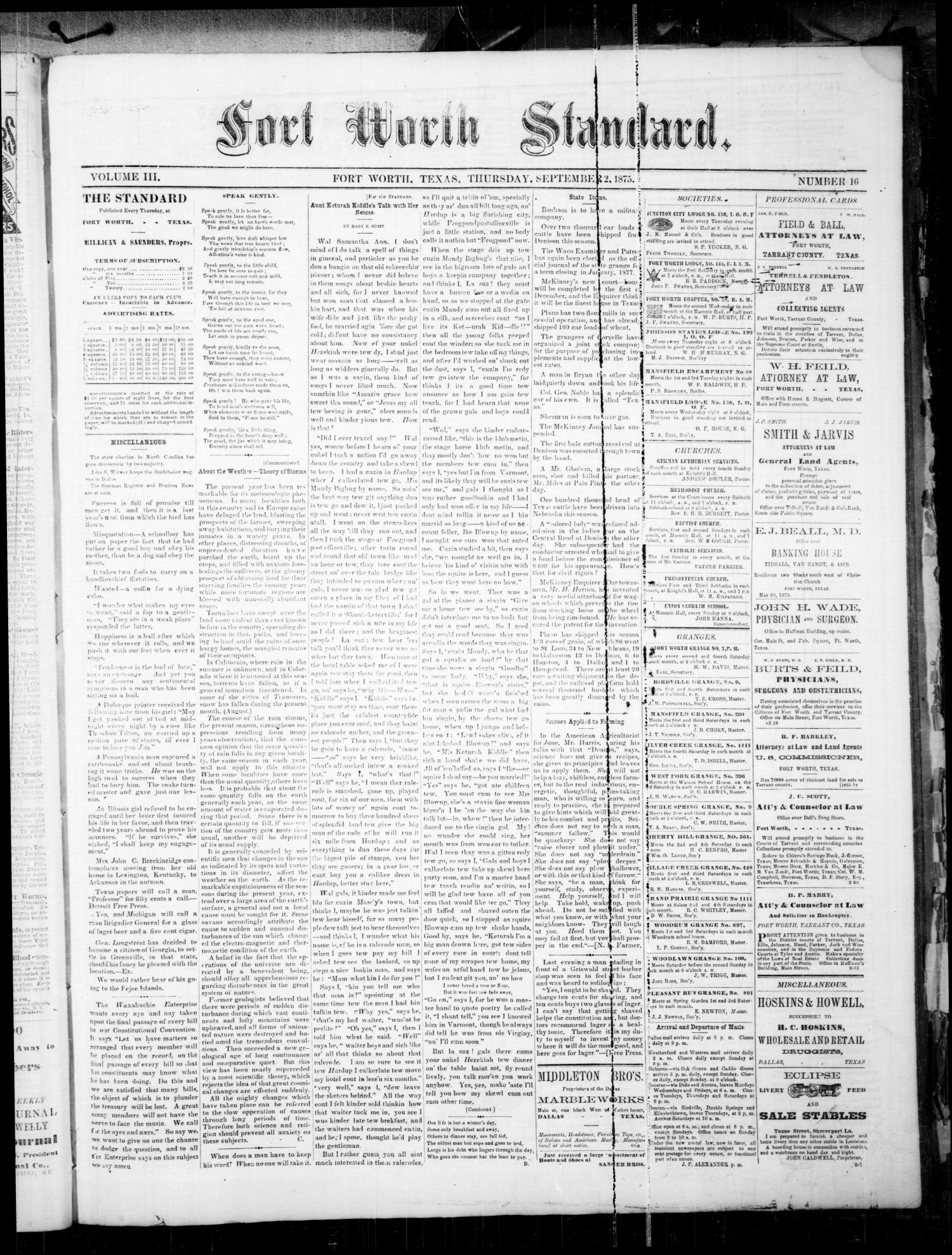 Fort Worth Standard. (Fort Worth, Tex.), Vol. 3, No. 16, Ed. 1 Thursday, September 2, 1875
                                                
                                                    [Sequence #]: 1 of 4
                                                