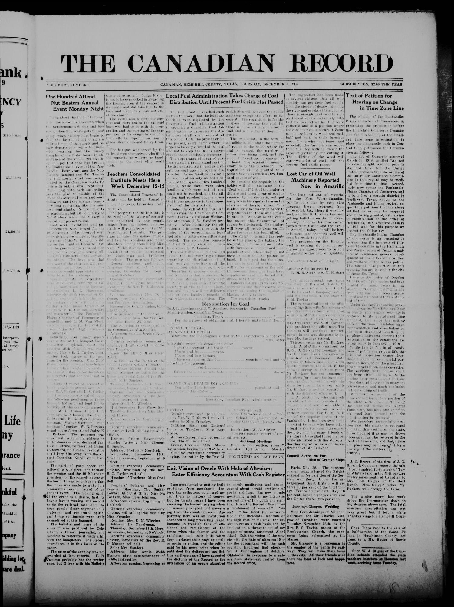 The Canadian Record (Canadian, Tex.), Vol. 27, No. 9, Ed. 1  Thursday, December 4, 1919
                                                
                                                    [Sequence #]: 1 of 8
                                                