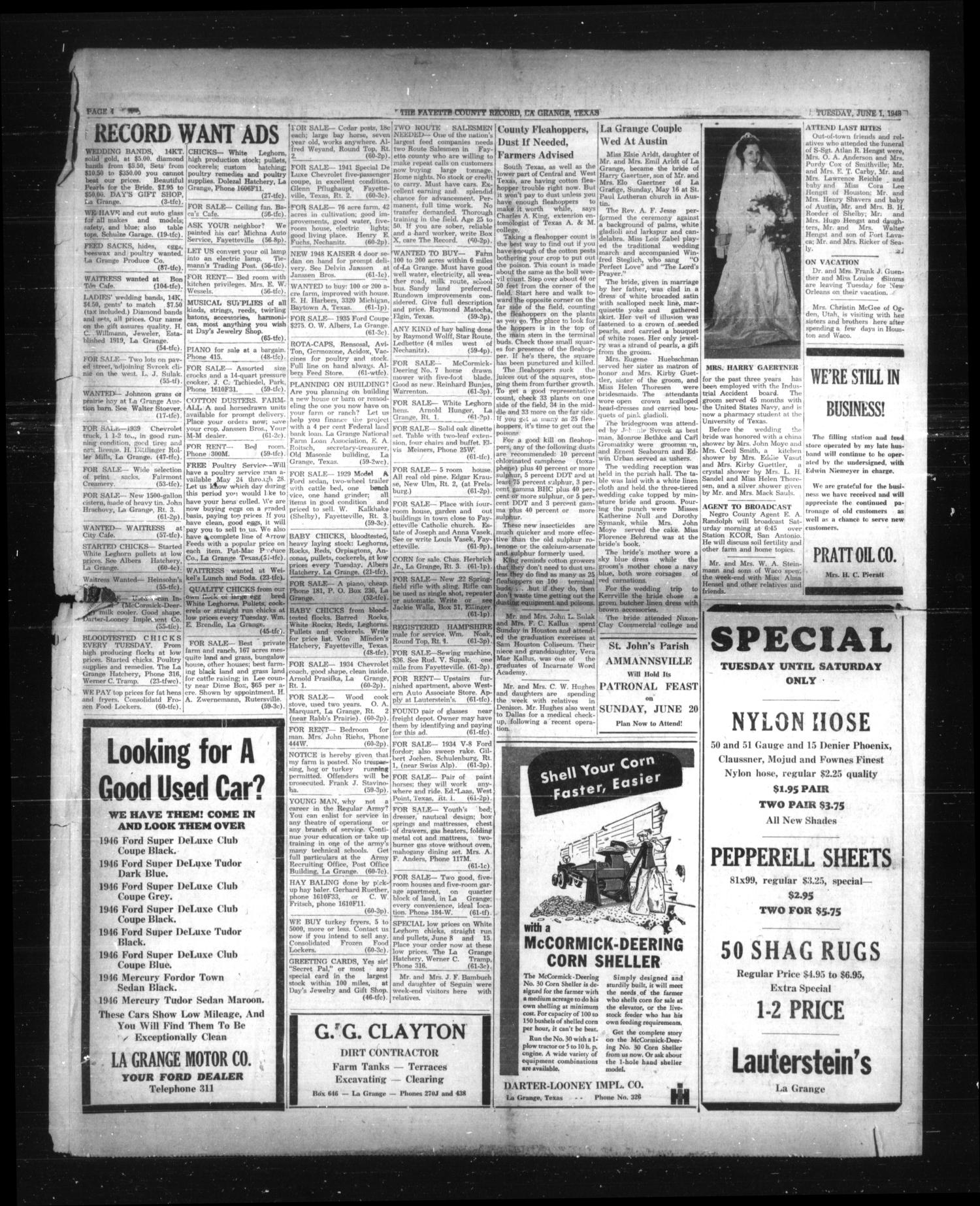 The Fayette County Record (La Grange, Tex.), Vol. 26, No. 61, Ed. 1 Tuesday, June 1, 1948
                                                
                                                    [Sequence #]: 4 of 4
                                                