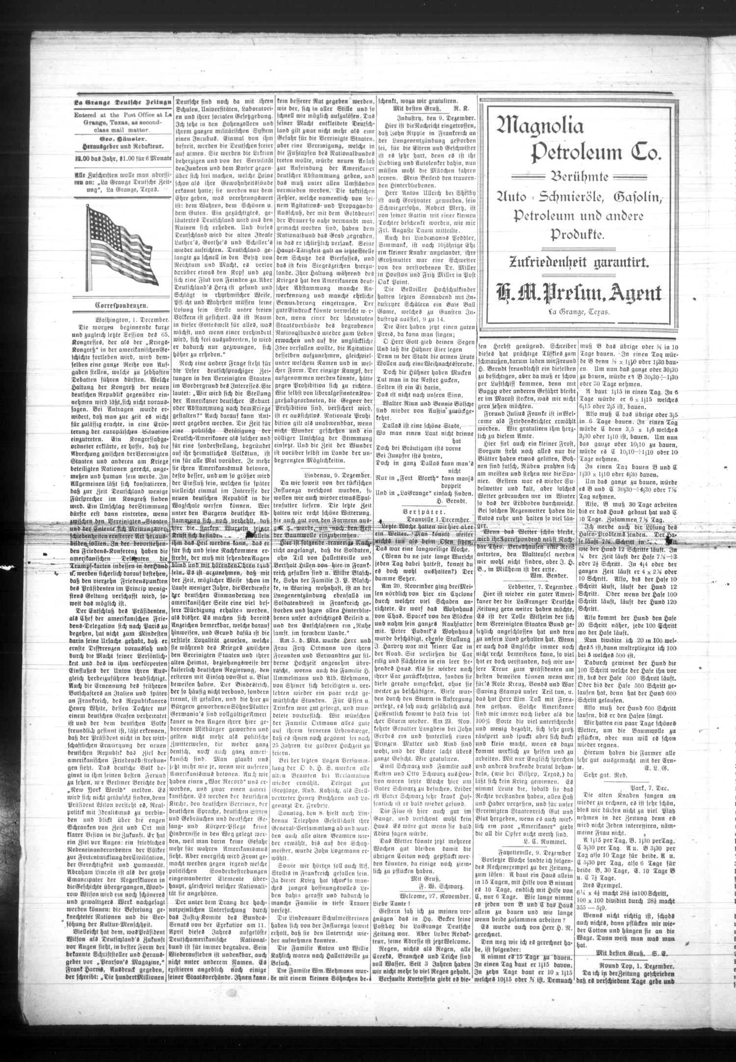 La Grange Deutsche Zeitung (La Grange, Tex.), Vol. 29, No. 17, Ed. 1 Wednesday, December 18, 1918
                                                
                                                    [Sequence #]: 4 of 8
                                                
