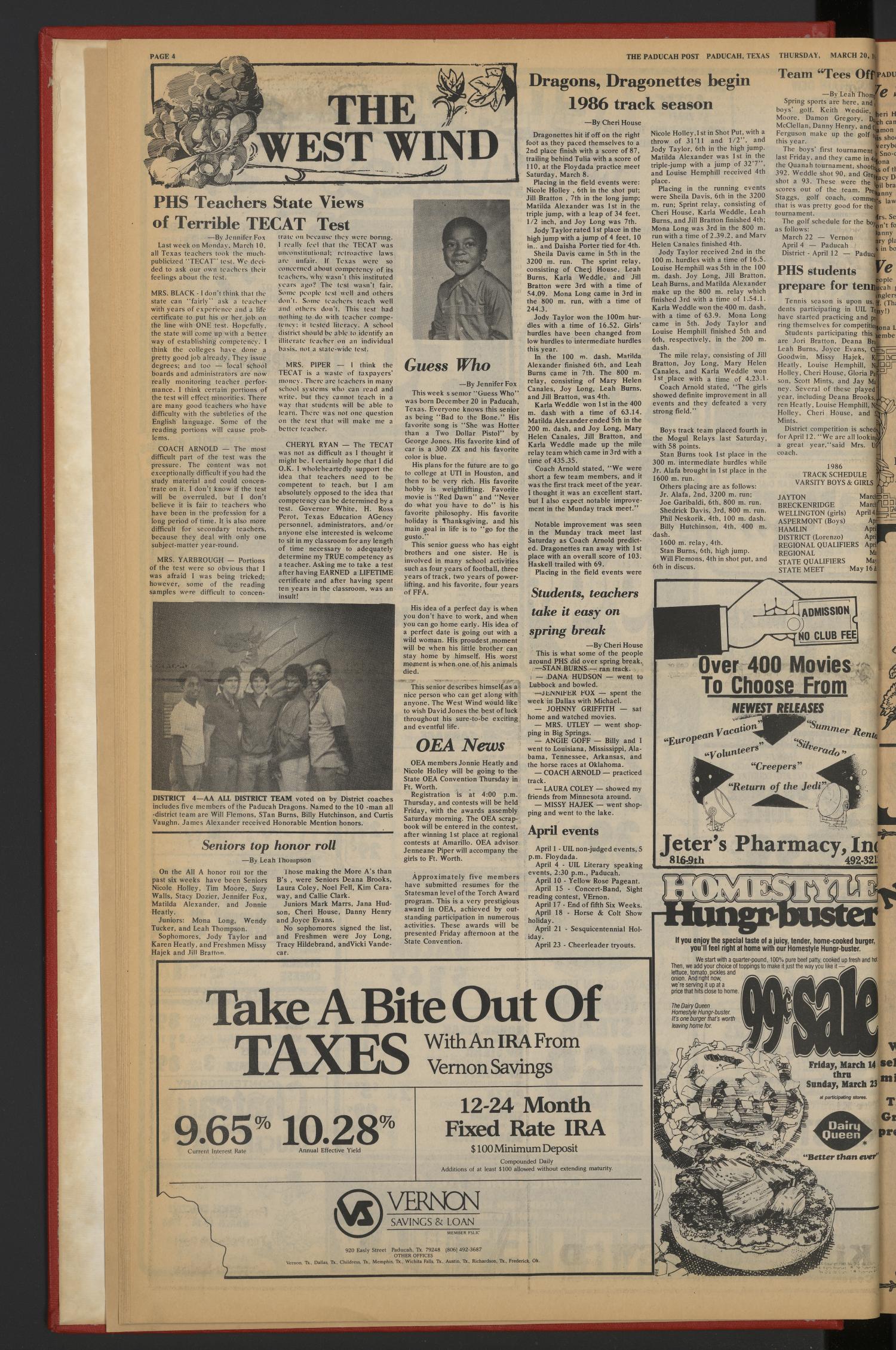 The Paducah Post (Paducah, Tex.), Vol. 80, No. 4, Ed. 1 Thursday, March 20, 1986
                                                
                                                    [Sequence #]: 4 of 12
                                                