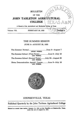 Primary view of object titled 'Catalog of John Tarleton Agricultural College, Summer Session, 1925'.